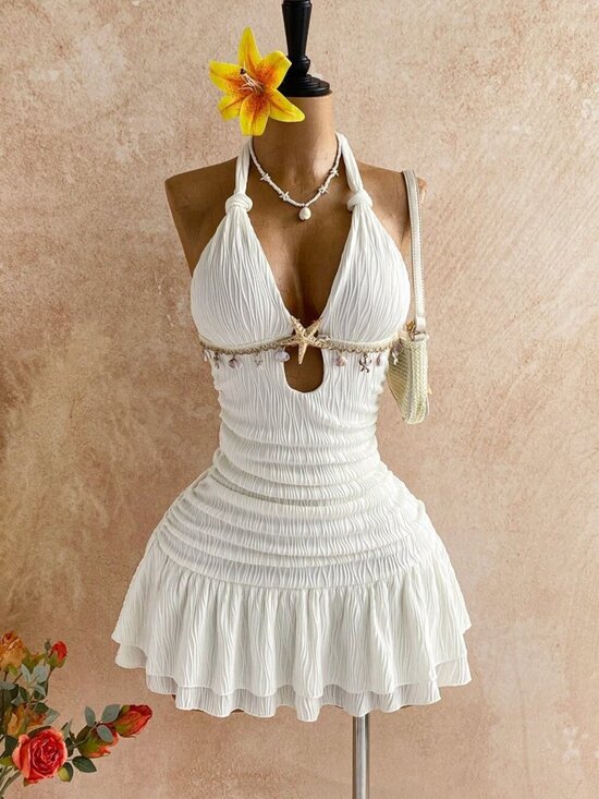 Dresses & Skirts - White Halter Twist Bodycon Mini Beach Resort Metal-Accented Women's Dress